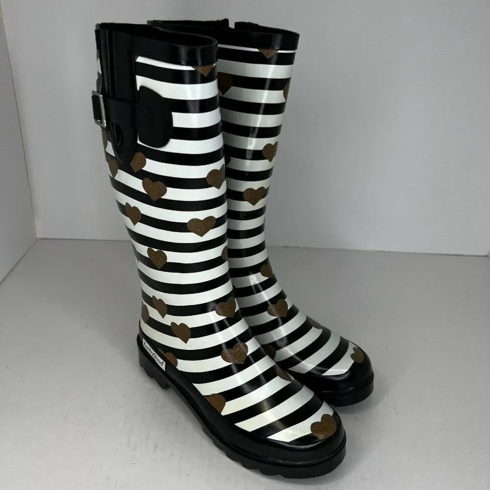 Kushyshoo Womens Black Striped Heart Rubber Mid Calf Size 7 Rain Boots